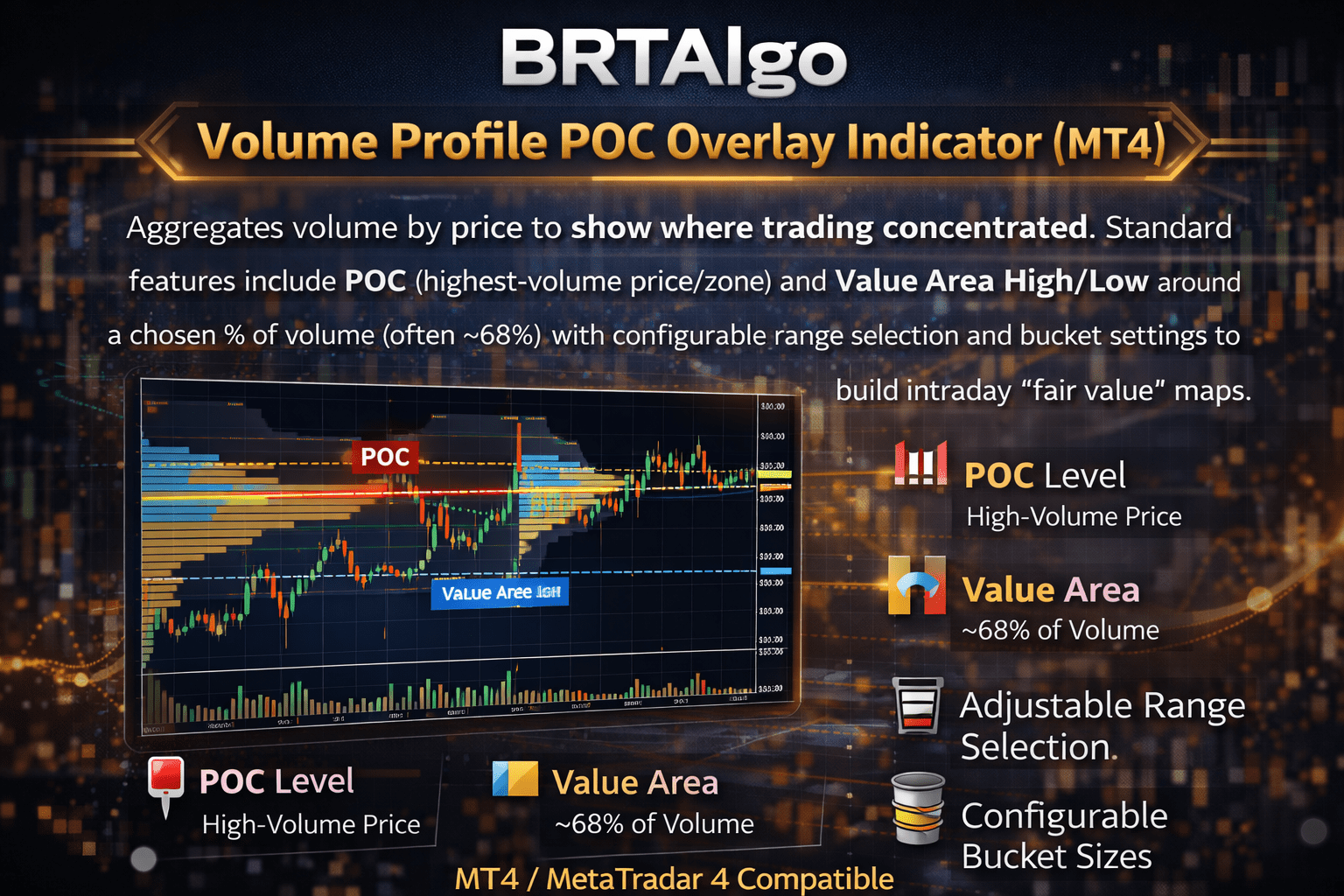 BRTAlgo Volume Profile POC Overlay Indicator (MT4) - Brtalgo MT4 trading tool by BRT Algo